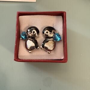 Penquin Stud Earrings With Blue Heart 11/16 Inches Sterling Silver Posts